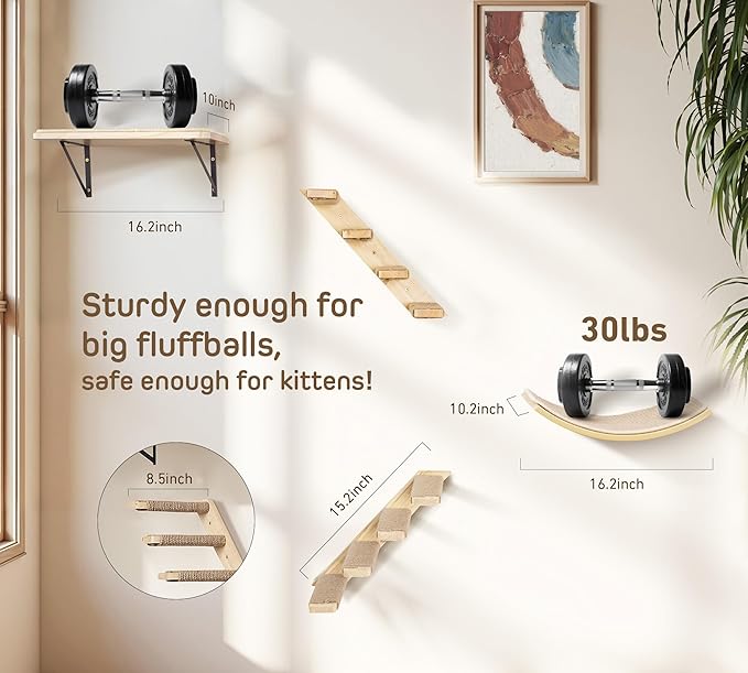 Wall Mounted Cat Shelves Stairs Set, 4 Piece Wood Cats Wall Furniture - Image 7