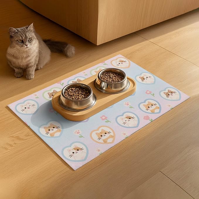 Cat Feedings Mats 20x12 inch Pastel Heart Kitten Print Pet Bowl Placemat Non - Image 9