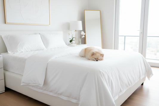 A fluffy dog resting on a clean white bed with a premium mattress protector
