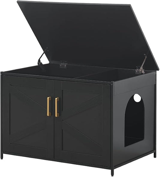 unipaws Black Top Opening Cat Litter Box Enclosure, Flip Top XL Extra Large Cat by unipaws