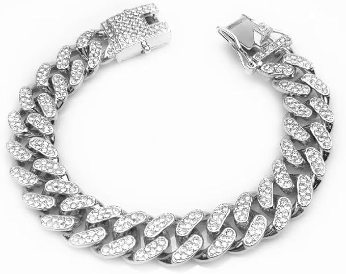 Dog Chain Collar Cuban Link Silver Design Secure Buckle Crystal Necklace Silver by Unknown
