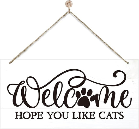 Welcome Sign for Front Door, Welcome Decor Wooden Hanging Sign for Cats Lover by corner+wind