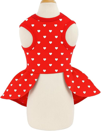 Valentine's Day Red Dog Dress, Cute White Heart Print & Satin Bow - Image 2