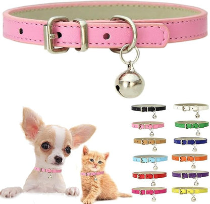 Pink XXS Cat Collar with Bell, Soft Pu Leather Puppy Collars Adjustable Buckle by Weimostar