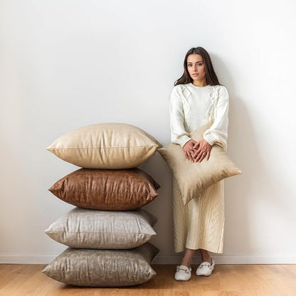 Pack of 4 Neutral Decorative Faux Leather Throw Pillow Covers 20x20 inch - Image 6