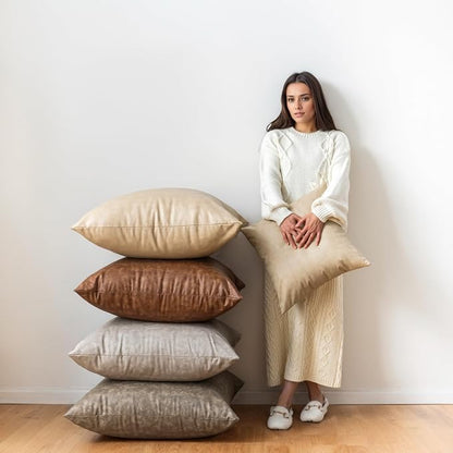 Pack of 2 Neutral Decorative Faux Leather Throw Pillow Covers, Boho Luxury - Image 5