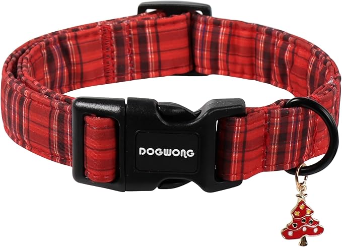 DOGWONG Christmas Plaid Dog Collar, Cute Adjustable Red Tartan Collar by DOGWONG