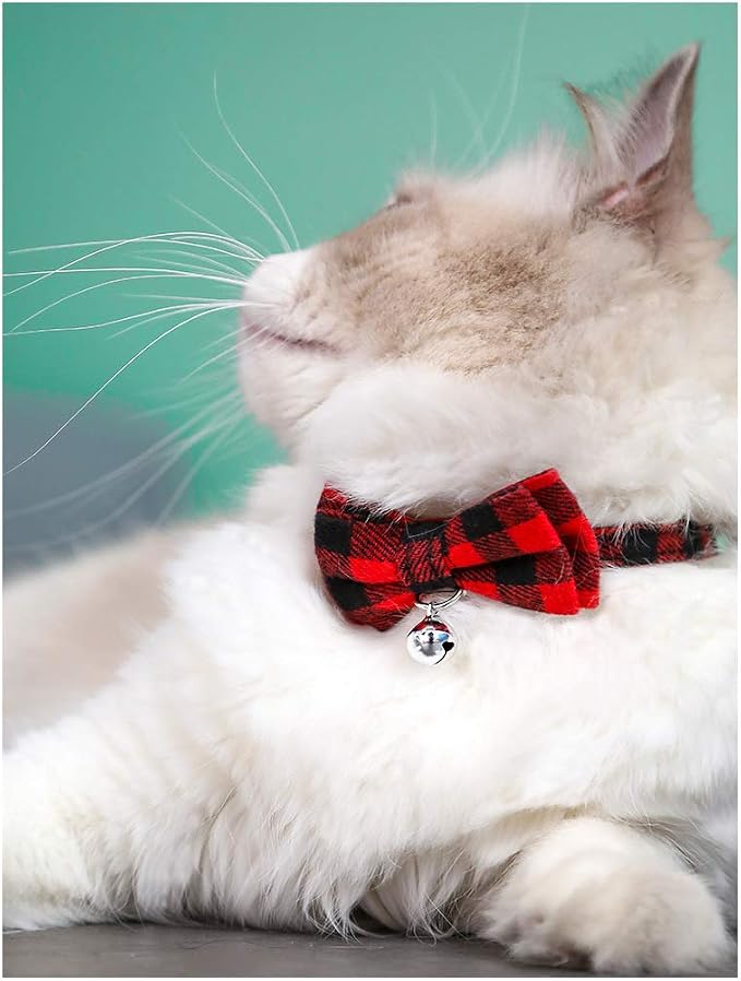 Red Plaid Cat Collar with Bell and Bow, Breakaway Kitten Collar with Bells - Image 6