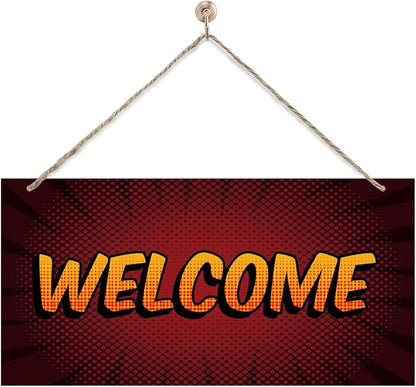 Welcome Sign for Front Door, Front Door Wooden Hanging Sign, Comic Style by corner+wind