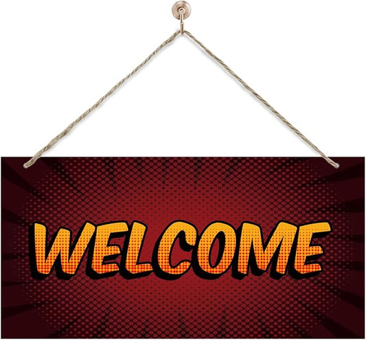 Welcome Sign for Front Door, Front Door Wooden Hanging Sign, Comic Style by corner+wind