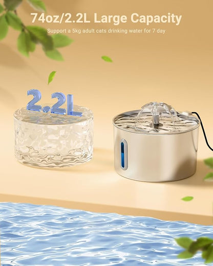Cat Water Fountain Stainless Steel - 74oz/2.2L Corded Pet Water Dispenser - Image 2