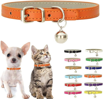 Orange XS Cat Collar with Bell, Soft Pu Leather Dog Collars Adjustable Buckle by Weimostar