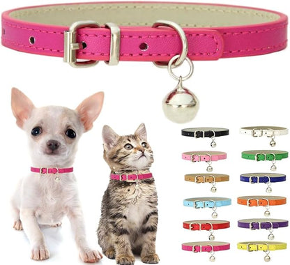 Hot Pink XXS Dog Collar with Bell, Soft Pu Leather Cat Collars Adjustable Buckle by Weimostar