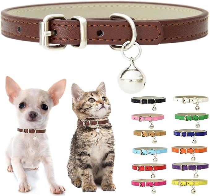 Brown Kitten Collar with Bell, Soft Pu Leather Small Dog Collars Adjustable by Weimostar