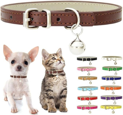 Brown Small Dog Collar with Bell, Soft Pu Leather Cat Collars Adjustable Buckle by Weimostar