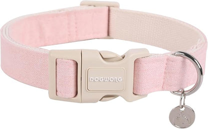 DOGWONG Cotton Hemp Dog Collar, Heavy-Duty Pink Dog Collar Adjustable Soft by DOGWONG