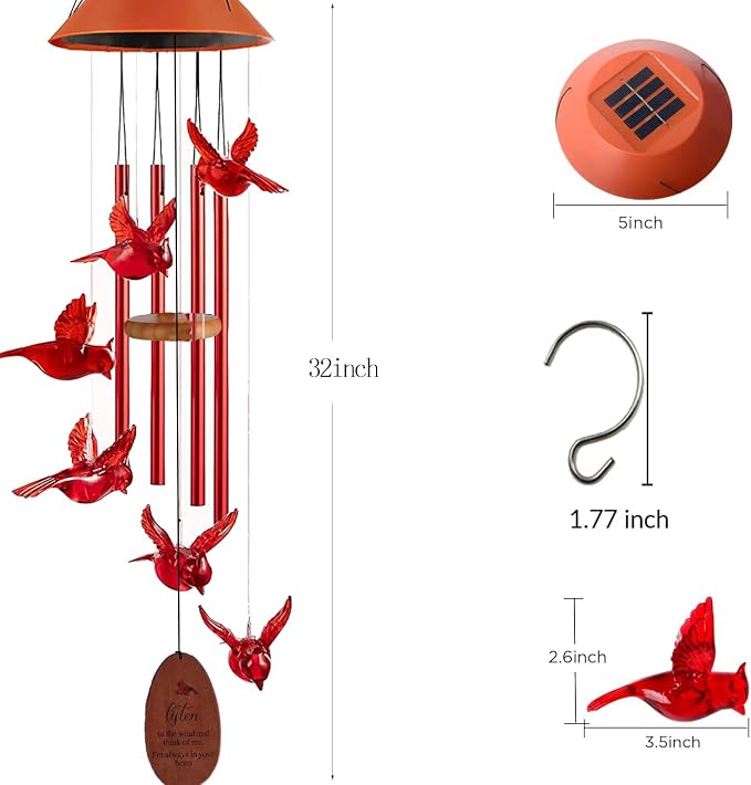 Solar Cardinal Wind Chimes Outdoor Solar Lights Cardinal Red Bird Windchimes - Image 5