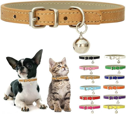 XS Dog Collar with Bell, Soft Pu Leather Cat Collars Adjustable Buckle by Weimostar
