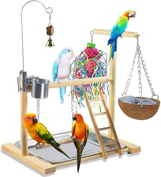 Bird Stand Fun Straw Bell Toys, Parrot Wooden Platform Stand by DbeansFlourithing
