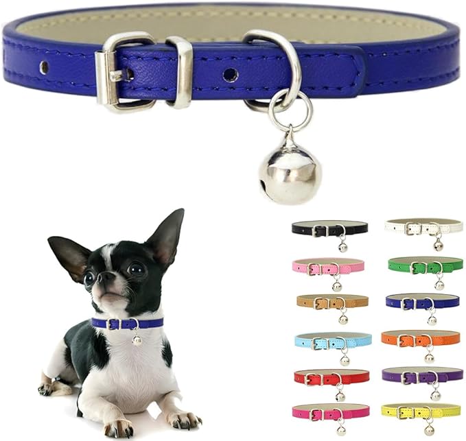Dark Blue XXS Dog Collar with Bell, Soft Pu Leather Cat Collars Adjustable by Weimostar