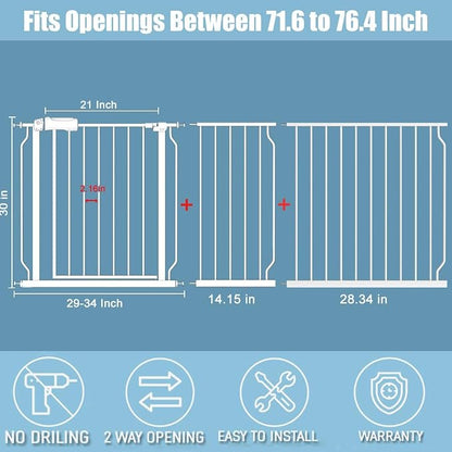 Extra Wide Baby Gates 71.5-76.3 Inch White Pressure Mounted Baby Gate Indoor - Image 2