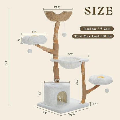 59" Modern Cat Tree Tower for Large Cats w/2 Flower Perches-Natural Solid Wood - Image 3