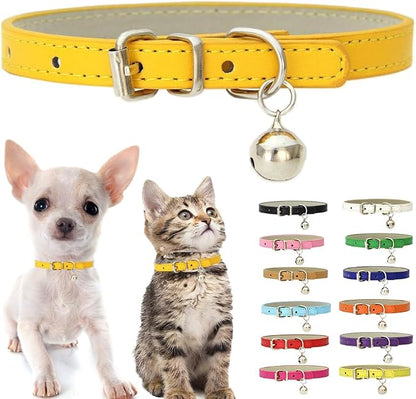 Gold Cat Collar with Bell, Soft Pu Leather Small Dog Collars Adjustable Buckle by Weimostar