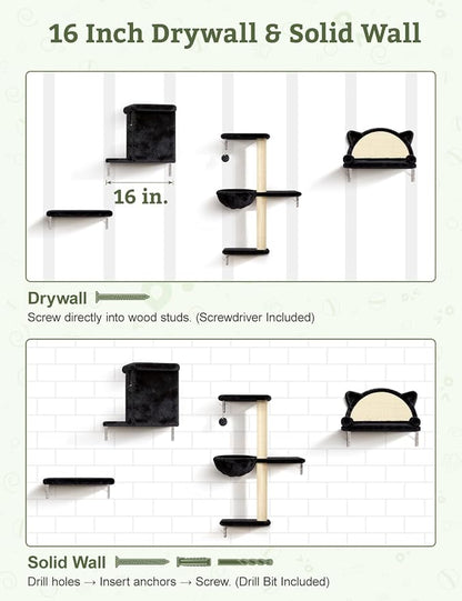5-in-1 Cat Wall Shelves, Solid Wood & Velvet & Sisal Scratcher, 44lbs Max Load - Image 7