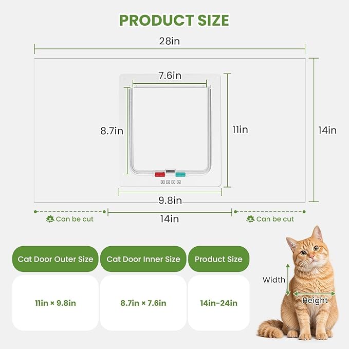 Cat Door for Window, 4 Locking Modes for Safety Cat Window Door, Fits 14"-28" - Image 2