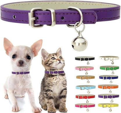 Purple XS Cat Collar with Bell, Soft Pu Leather Dog Collars Adjustable Buckle by Weimostar
