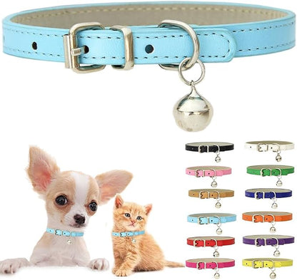 Blue XXS Dog Collar with Bell, Soft Pu Leather Cat Collars Adjustable Buckle by Weimostar