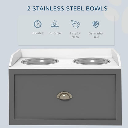PawHut Feeding Station with Storage Drawer, Food Storage Cabinet with 2 - Image 5