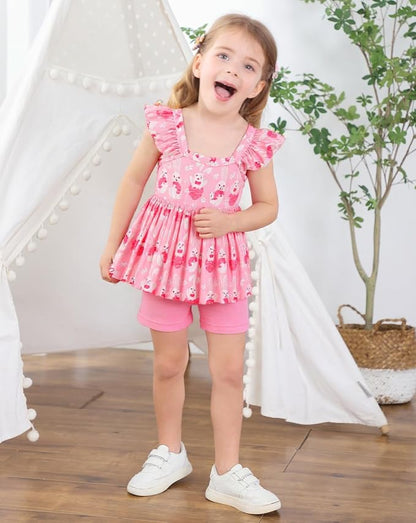 Toddler Baby Girls Summer Clothes Outfits Ruffled Sleeve Dinosaur Shirt Leopard - Image 2