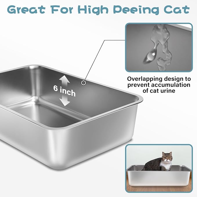 Stainless Steel Litter Box, 23.6“x15.7"x6" Deep Stainless Steel Cat Litter Box - Image 2
