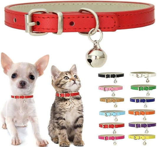 Red XS Dog Collar with Bell, Soft Pu Leather Cat Collars Adjustable Buckle by Weimostar