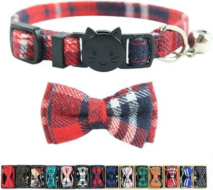 Cat Collar Breakaway with Bell and Bow Tie, Plaid Design Adjustable Safety by Ximipet