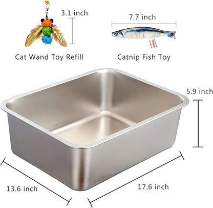 Stainless Steel Cat Litter Box Set, Includes Catnip Fish Toy & Wand Feather Toy - Image 2