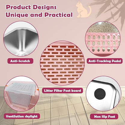 Vivifying Pink Stainless Steel Covered Cat Litter Box – Odor-Control, - Image 9