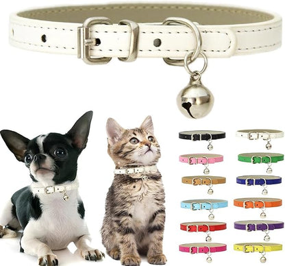 White XS Dog Collar with Bell, Soft Pu Leather Cat Collars Adjustable Buckle by Weimostar