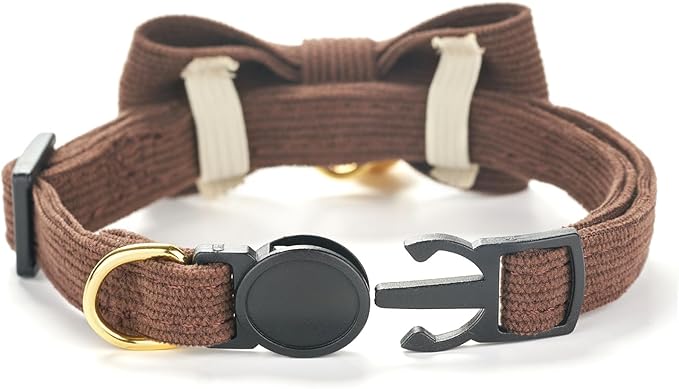 Soft Corduroy Cat Collar with Bell and Bowtie, Safety Breakaway Clasp, - Image 2