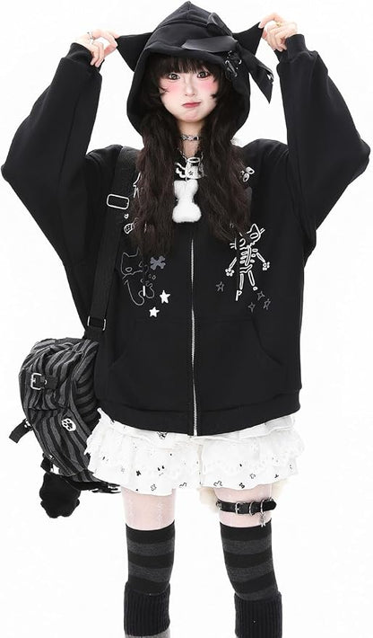 Womens Y2K Zip Up Cute Graphic Hoodies Cat Ears Casual Cartoon Harajuku Kawaii - Image 7