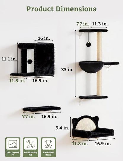 5-in-1 Cat Wall Shelves, Solid Wood & Velvet & Sisal Scratcher, 44lbs Max Load - Image 5