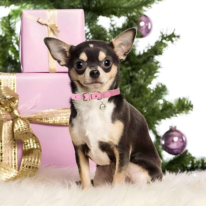Pink XS Dog Collar with Bell, Soft Pu Leather Cat Collars Adjustable Buckle - Image 2