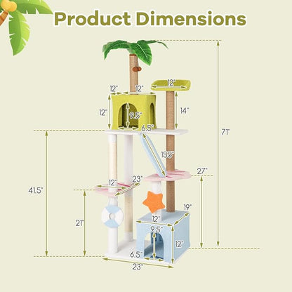 Tangkula 71 Inch Tall Cat Tree, 2 Cat Condos, Artificial Plant, Hanging Toys - Image 4
