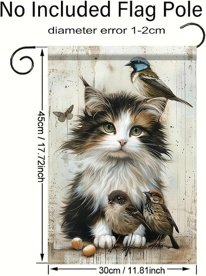 Cat and Birds Garden Flag 12x18 Inch Double Sided Outdoor Yard Banner Fluffy - Image 3