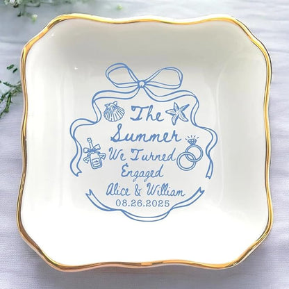 Personalized Ring Dish Engagement Gift, Whimsical Doodle Engaged Ring Holder by Anniversaree