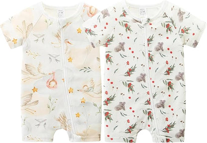 Unisex Summer Trendy 2-Pack Rompers Short Sleeve Zipped Bodysuit Infant Cotton by JingleBaBa
