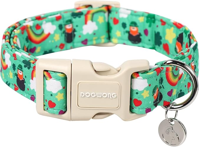 DOGWONG St. Patrick's Day Dog Collar, Lucky Clover Shamrock Green Dog Collar by DOGWONG