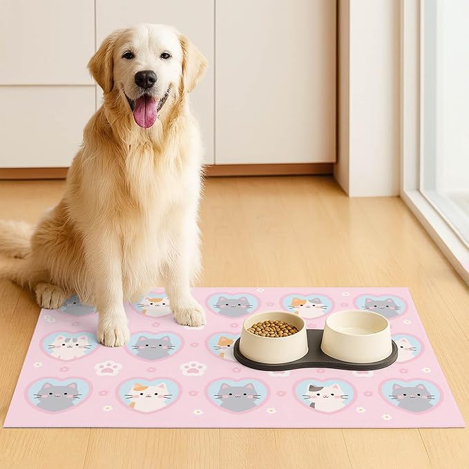 Cat Feedings Mats 20x12 inch Pink Kitten Print Pet Bowl Placemat Non Slip Mat - Image 3