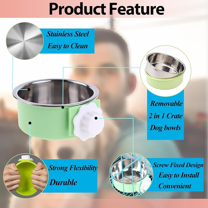 3 Pieces Crate Dog Bowl, Removable Stainless Steel Pet Kennel Hanging Food - Image 2